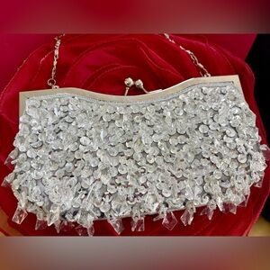 Pretty Beaded Silver Sequin Evening Clutch / Cocktail Purse
